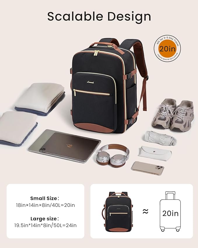 LOVEVOOK 50L Large Travel Backpack for Women Men Fits 17 Inch Laptop, Carry on Backpack for Traveling on Airplane, Personal Item Bag Airline Approved, Business Causal Weekender Backpack, Black-Brown