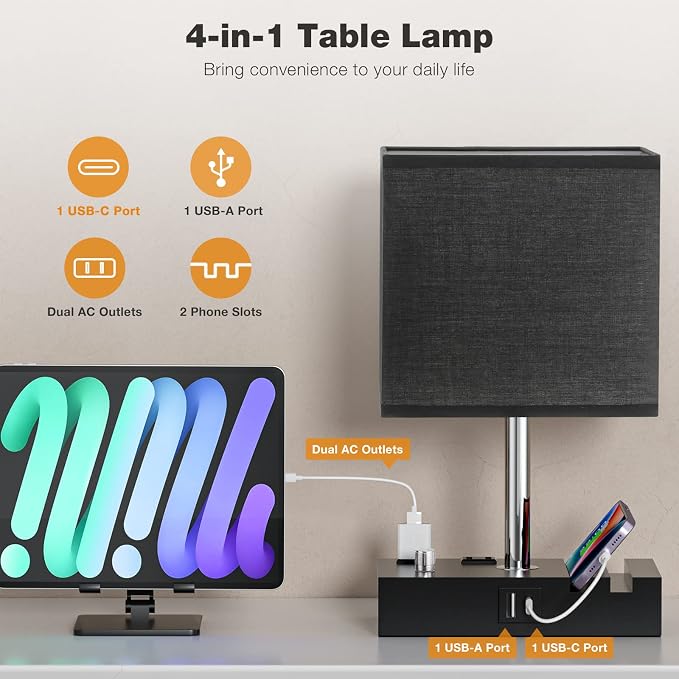 Black Bedside Table Lamps Set of 2 - Dimmable, USB C+A, 2 AC Outlets | Dimming By Rotary Knob, USB C+A Ports, 2 Phone Stands, LED Bulbs Included, Rectangle Black Lampshade, for Living Room, Desk