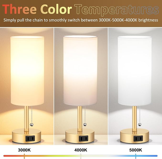 Gold Bedside Table Lamps Set of 2 - Bedroom Lamp for Desk, AC Outlet | 3CCT(3000K/4000K/5000K), LED Bulbs Included, White Fabric Lampshade, 14in Small Lamp for Nightstand, Guest Room, Living Room