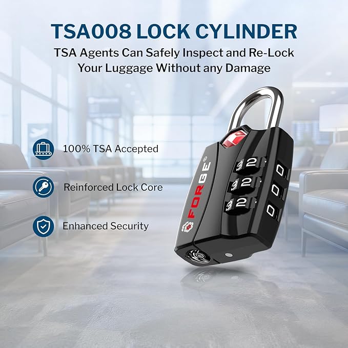 Forge Open Alert TSA Approved Luggage Locks - 3 Digit Combination, Easy Read Dials, Zinc Alloy Body - Ideal Travel Lock for Luggage, Suitcases, Bags & Toolboxes (Black 1 Lock)