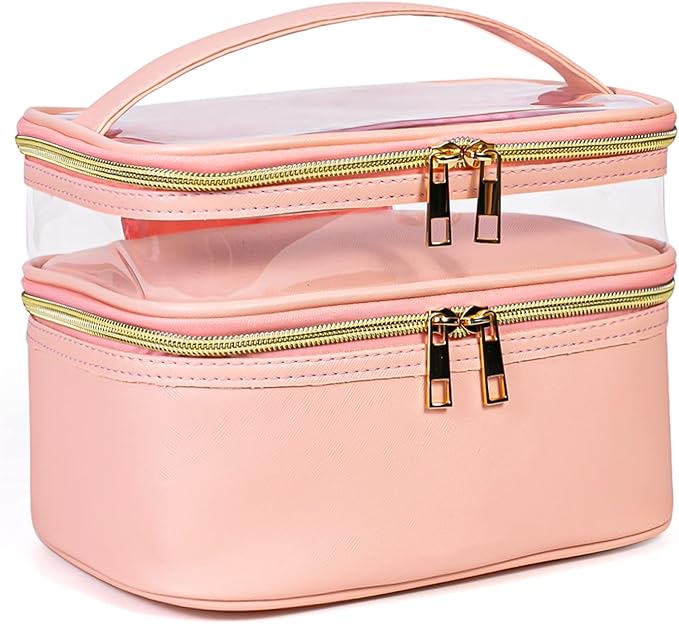 Pink Makeup Bag, Leather Double Layer Makeup Bag,Travel Accessories Toiletry Bag for Women,Travel Essentials Cosmetic Bag