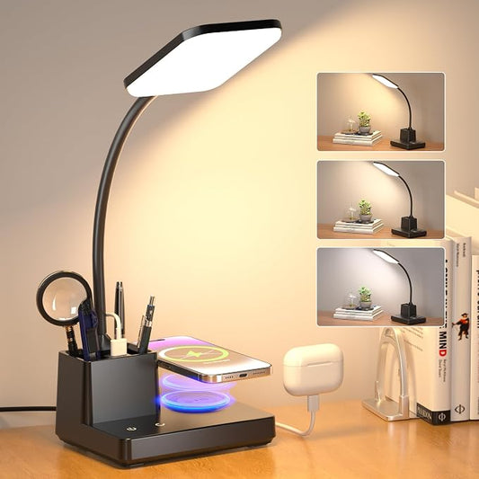 Wireless Charging Desk Lamp USB Charging & Pen Holder, Matte Black | CRI 95, 800LM, Stepless Dimming, 3 Modes, 360°Flexible Arm, Touch, Study Table Lamp for Home Office, Dorm Room, with Adapter