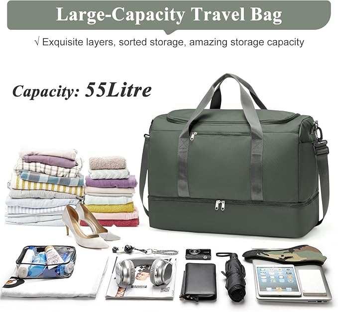 Extra Large Travel Duffle Bag,Carry on Overnight Weekend Bag with Shoes Compartment,Weekender Bags for Women for Travel Business Trips Sport Hospital,Dark Green