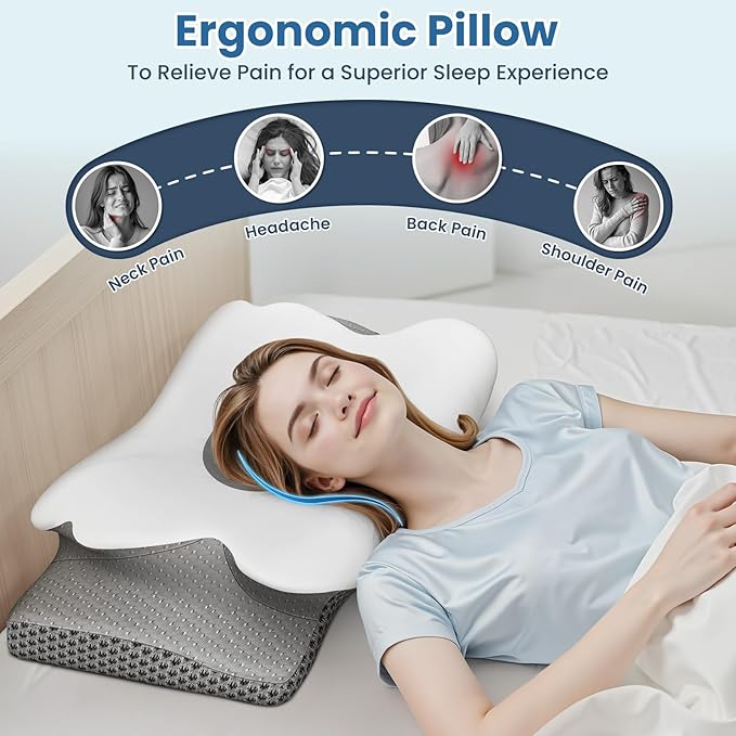 Memory Foam Bed Pillow – Contour Support Pillow for Side & Back Sleepers, Soft Ergonomic Design, Cooling Breathable Cover, Removable Washable Case, King Size, Grey