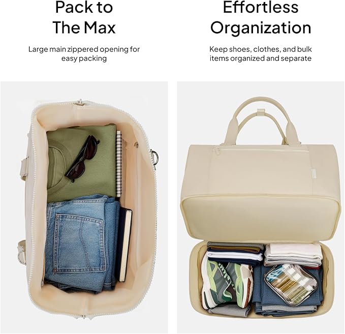 Travel Duffle Bag for Women, 40L Weekender Bags Airline Approved Carry On with Shoe Compartment & Waterproof Wet Pocket, Durable Nylon Weekender Overnight Bag for Travel, Gym, Business Trip, Beige