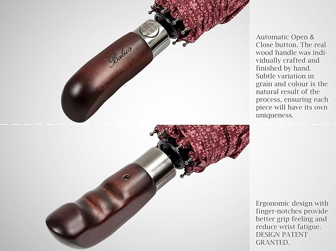Balios Travel Folding Umbrella with Real Wood Handle Auto Open Close Vented Windproof Canopy - Designed in UK
