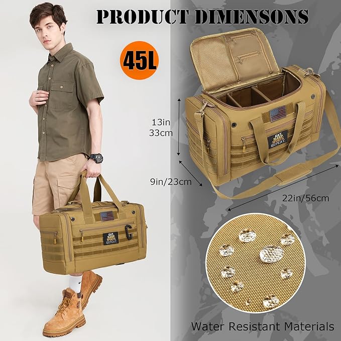45L Gym Bag for Men & Women, Tactical Military Duffle Bag for Travel Weekender Gym Workout Deployment, Large Sports Bag for Hockey Football Baseball Soccer Basketball