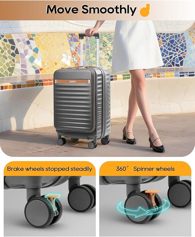 Joyway Carry on Luggage Airline Approved with Front Compartment and Cup Holder, 20 Inch Hard Shell Carry-on Suitcase with Spinner Wheels and TSA Lock for Women Men (Grey, 20 Inch)