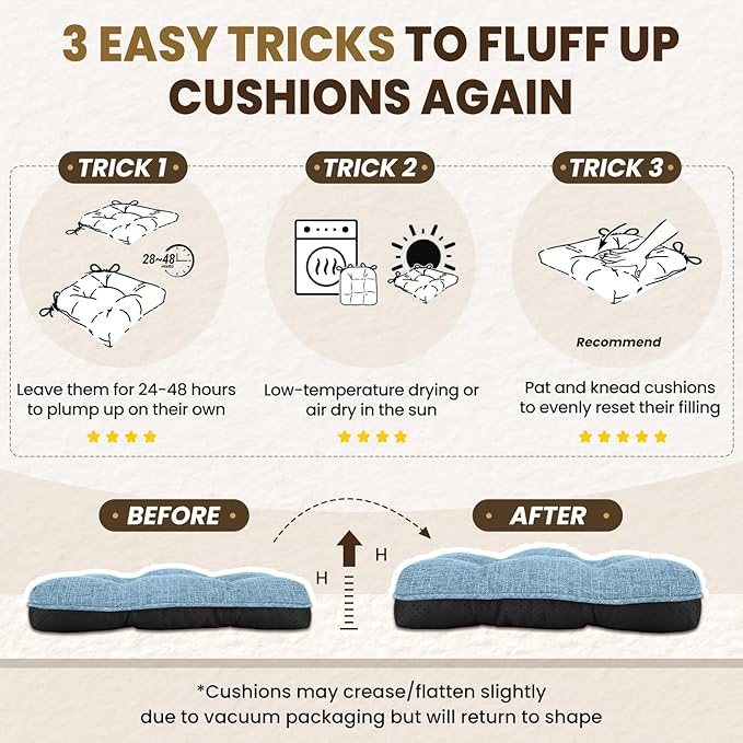 downluxe Indoor Chair Cushions for Dining Chairs, Tufted Overstuffed Textured Kitchen Chair Pads with Ties and Non-Slip Backing, 15.5" x 15.5" x 4", Light Blue, 4 Pack