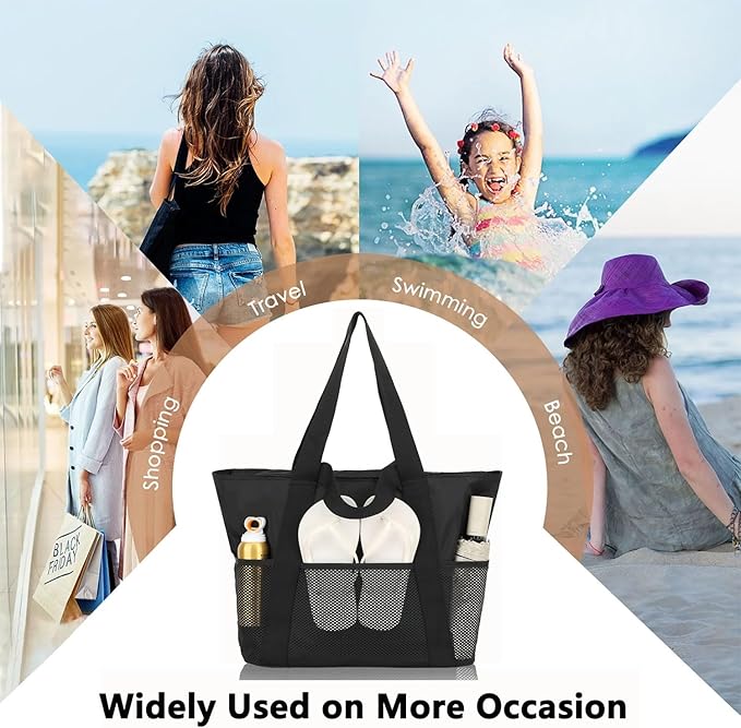 Fammart Mesh Beach Bag, Large Beach Tote with Zipper Pocket, Toys Pool Bag for Family Travel Vacation Cruise Essentials