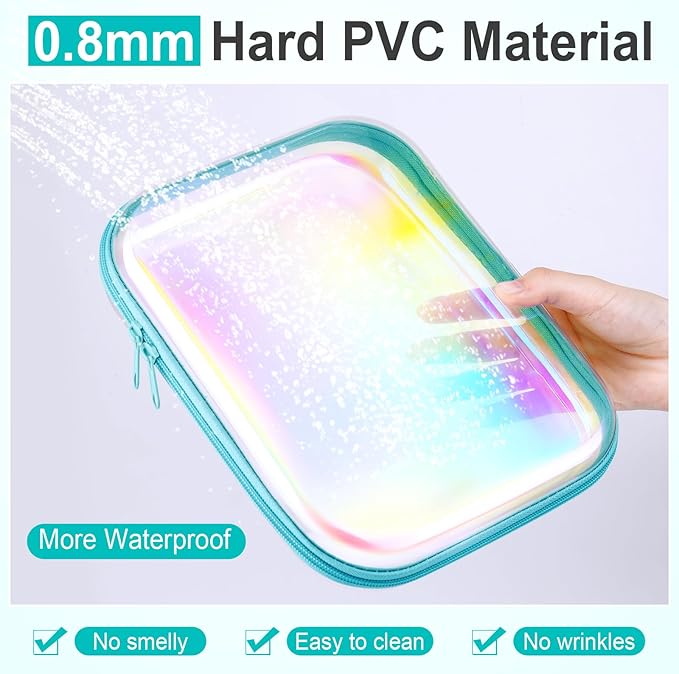 Sanwuta 6 Pcs Clear Hard Zipper Case Plastic Zipper Pouches Transparent Makeup Bag Pencil Case Pouches Toiletry Diaper Bag for Travel Toy Storage Organizer Bins(Holographic,9.84 x 7.87 x 2 Inch)