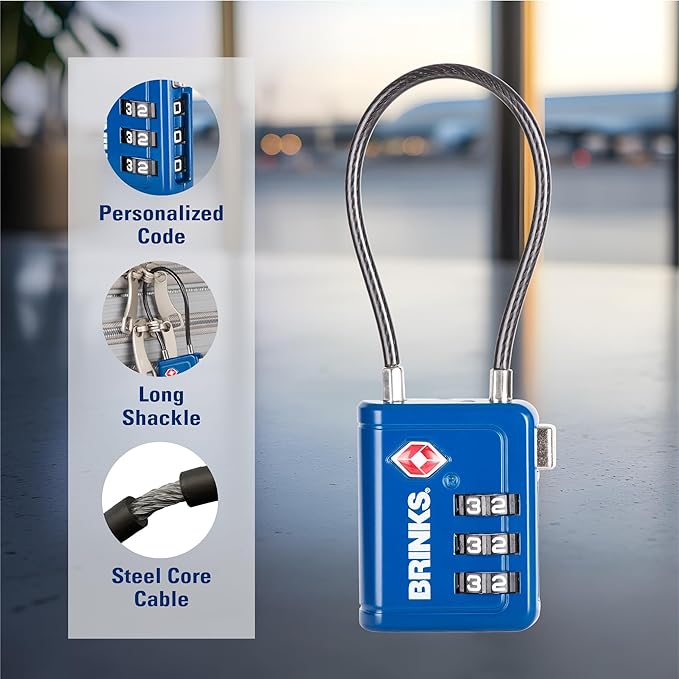 Brinks TSA Accepted Indicator Luggage Lock, Blue - Resettable 3-Dial Combination, 2.5 inch Long Cable Shackle, New More Secure TSA008 Key, 2 Pack