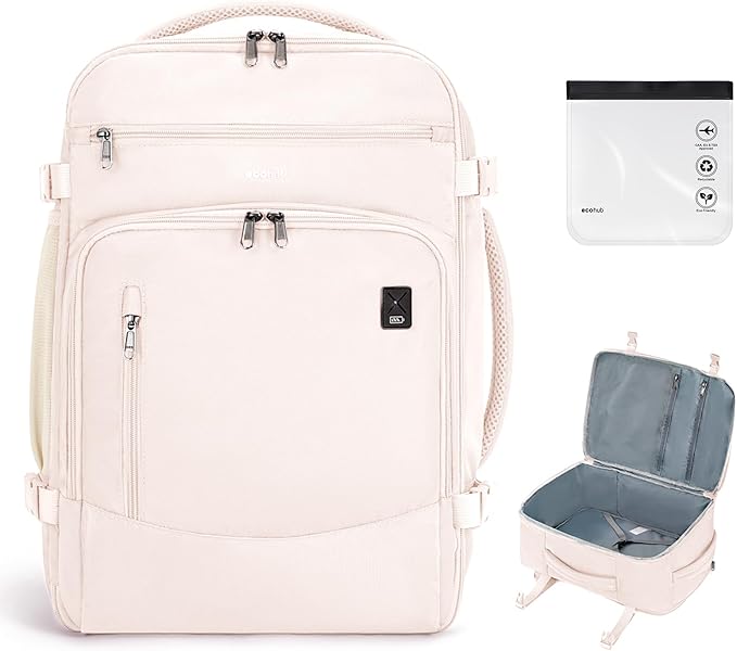 ECOHUB Travel Backpack for Women, 18x14x8 Spirit Airlines Personal Item Bag with Clear Toiletry Bag, Laptop Carry on Backpack with USB Port, Airline Approved Under Seat 14 Pockets 30L, Beige