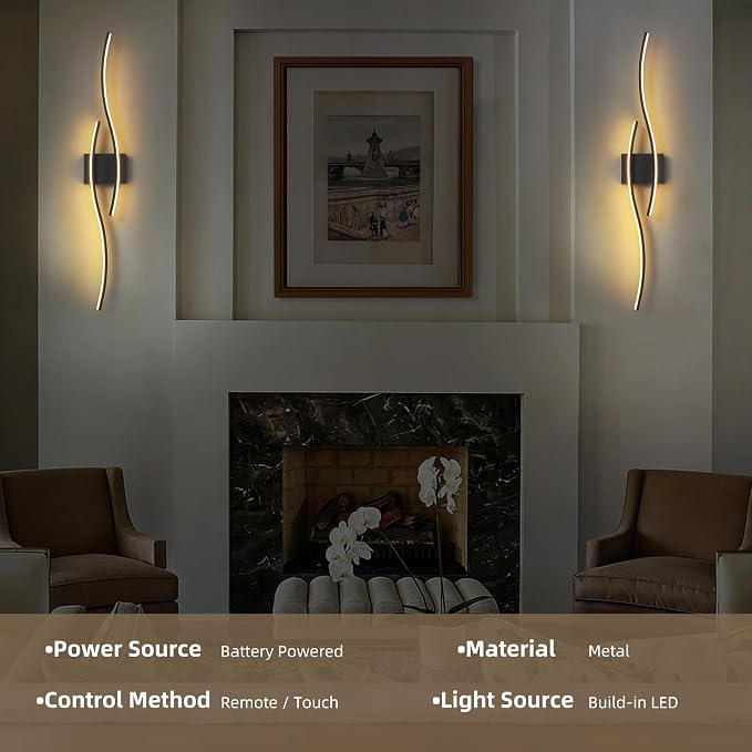 Battery Operated Wall Sconces Set of 2, Dimmable Modern LED Rechargeable Wall Light with Remote Control, Wall Decor for Living Room, Hallway, Quick Install, No Electrician Required 23.6 Inch