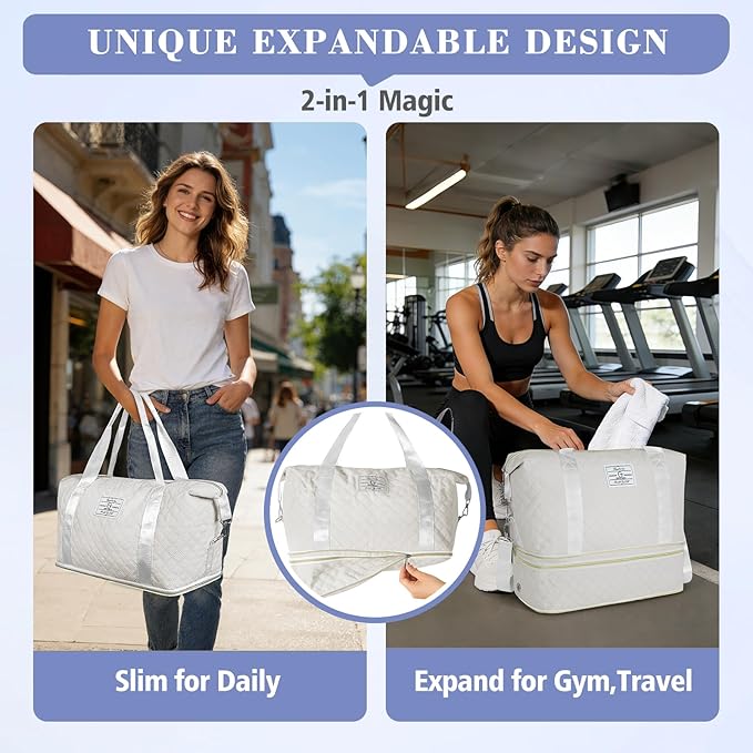Geestock Travel Duffel Bag, Weekender Bags for Women, Carry on Overnight Bag with Shoe Compartment & Trolley Sleeve, Personal Item Travel Bags with Storage Pouch for Travel, Yoga, Gym, Hospital, White