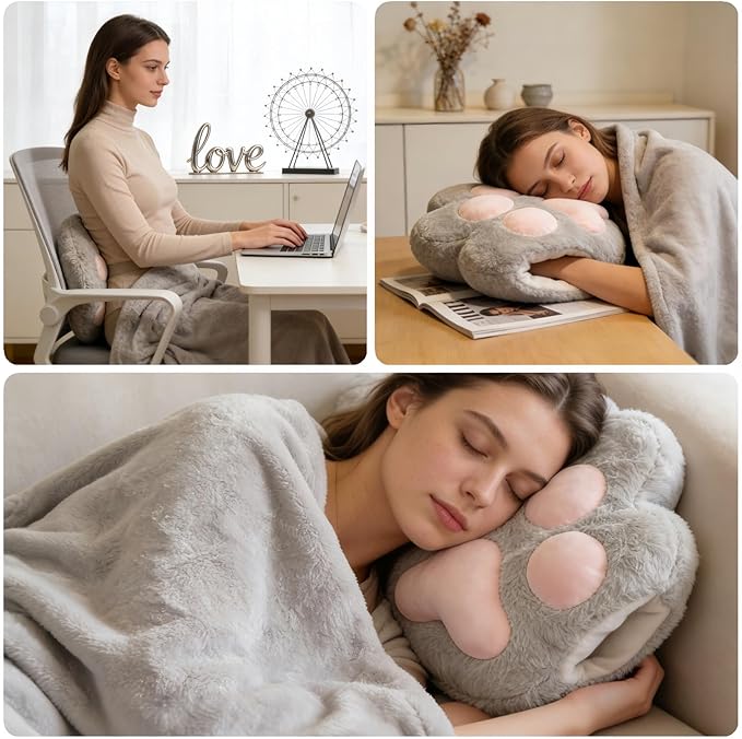RYOLOY Cat Paw Warm Hand Pillow,with 67 * 39Inch Travel Blanket,3 in 1 Travel Pillow and Blanket Set,for Car Office Camping Essentials.