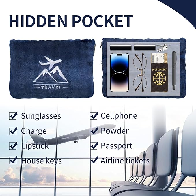 Travel Blanket and Pillow-2-in-1, Ultra-Soft&Compact,Airplane Blanket with Hand Luggage Belt and Backpack Clip,Travelers Accessories Gifts, 61x43 Inches（Navy）