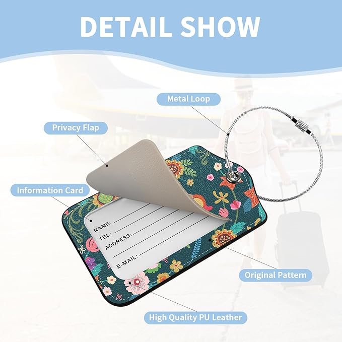 2 Pcs Luggage Tag for Suitcases, Floral Bird Cute PU Leather Suitcase Tag Privacy Cover Name ID Label with Metal Loop, Personalized Baggage Identifier for Women Cruise Bag Travel Essentials