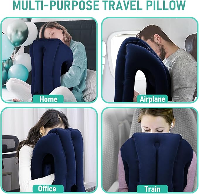 Inflatable Travel Pillow for Airplanes, Airplane Pillow for Long Flight Comfortably Supports, Used for Planes, Trains, Cars, Includes Storage Bag, Eye Mask & Earplugs (Blue)
