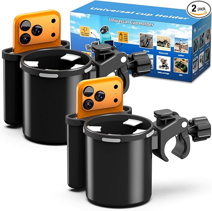 Universal Clamp-on 2-in-1 Cup Holder & Phone Holder for Stroller, Walker, Wheelchair, Fits 12oz-40oz Drinks, Multifunctional Storage Organizer, Pack of 2