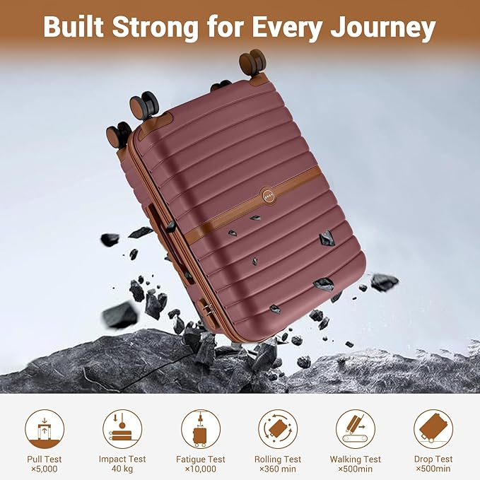 Kono Expandable Carry On Luggage 22x14x9 Airline Approved with Spinner Wheels, 20 Inch Durable & Impact-Resistant PC+ABS Hardshell Rolling Suitcase Travel Luggage with Lock, Burgundy/Brown
