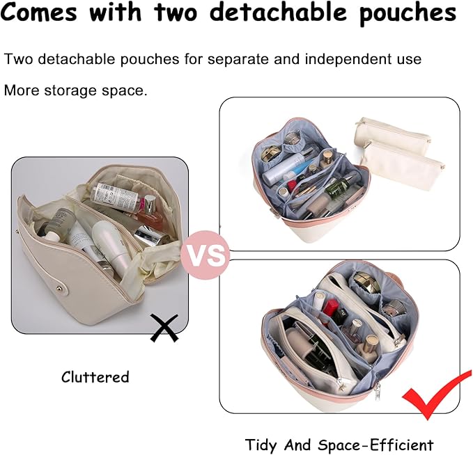 BOYATU Travel Makeup Bag Organizer Cosmetic Bag: 3 Pcs Set Make up Bags for Women with Handle - Waterproof Vegan Leather Toiletry Bags Travel Essentials Pouch with Compartments (A-08-White)