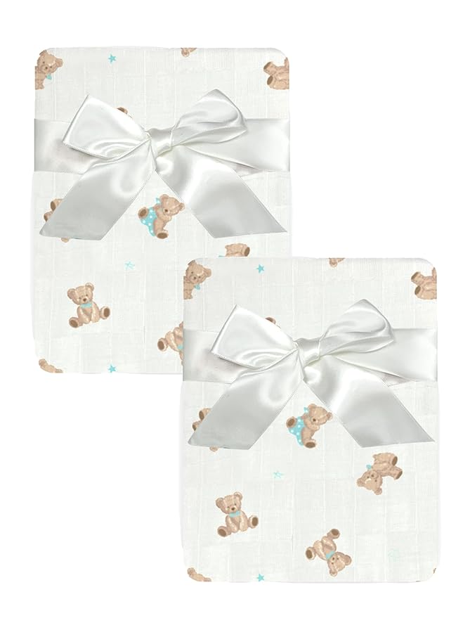 American Baby Company 2-Pack 100% Cotton Muslin Swaddle Blanket (47" x 47"), Soft, Breathable & Lightweight, Teddy Bear, Perfect for Swaddling, Travel and Gifting