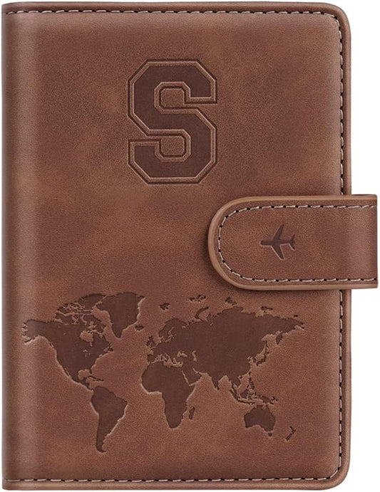 Passport Holder Wallet Cover Personalized Letter A-Z Travel Wallet RFID Blocking Passport Cover Wallet Case for Travel Passport Book Holders for Women and Men, Brown-S