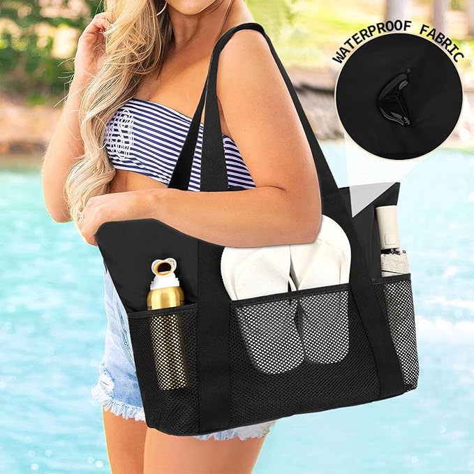 Fammart Mesh Beach Bag, Large Beach Tote with Zipper Pocket, Toys Pool Bag for Family Travel Vacation Cruise Essentials