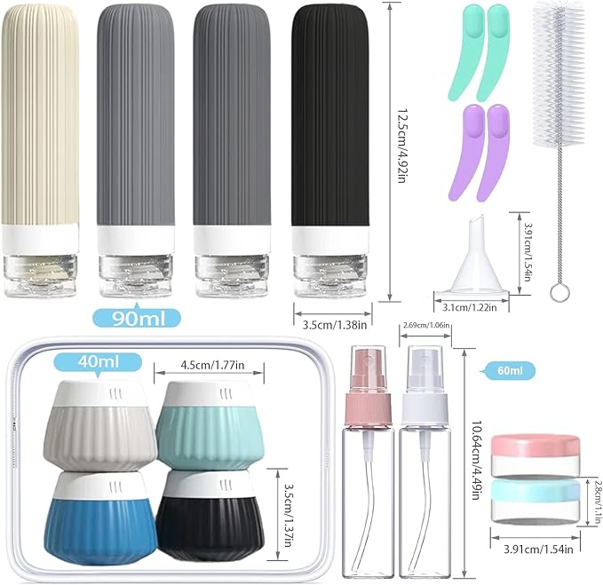 18 Pack Travel Bottles Set, TSA Approved Leak Proof Silicone Squeezable Containers for Toiletries, Refillable Travel Accessories for Conditioner, Shampoo, Lotion & Body Wash Accessories
