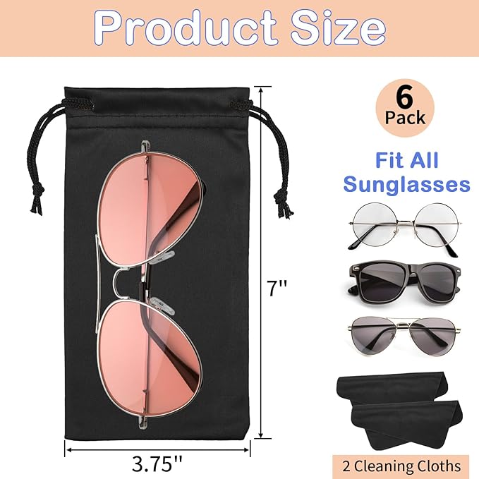 Hoiny 6 Pcs Microfiber Glasses Sunglasses Pouch with 2 Cleaning Cloths, Soft Drawstring Storage Bag for Phone, Eyeglass Case