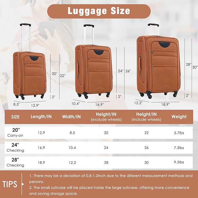 Luggage Sets Softside Expandable 3 Piece Set Lightweight Suitcase with Duffel Bag Upright Spinner Softshell, TSA Lock Carry On for Business for Family Travel (Orange, 22"/26"/30")