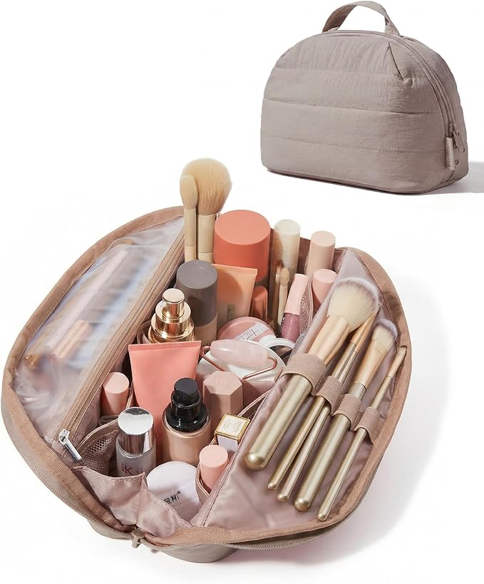 BAGSMART Travel Makeup Bag for Women, Portable Fold-down Cosmetic Case, Puffy Padded Make Up Organizer Pouch, Water-resistant Toiletry Bag for Toiletries, Brushes (Brown)