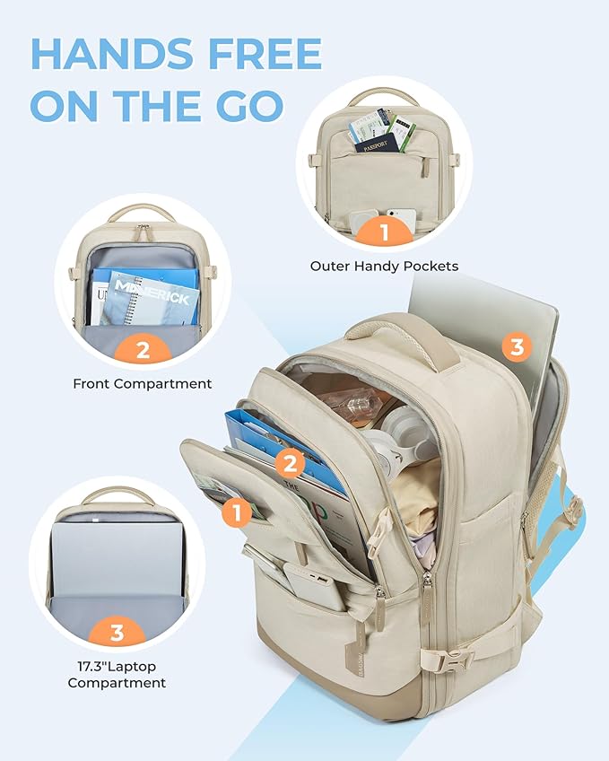 BAGSMART Compression Travel Backpack, 37L Expandable Carry On Backpack with Packing Cubes, Water Resistant Weekender Backpack with Shoe Bag, Warm Beige