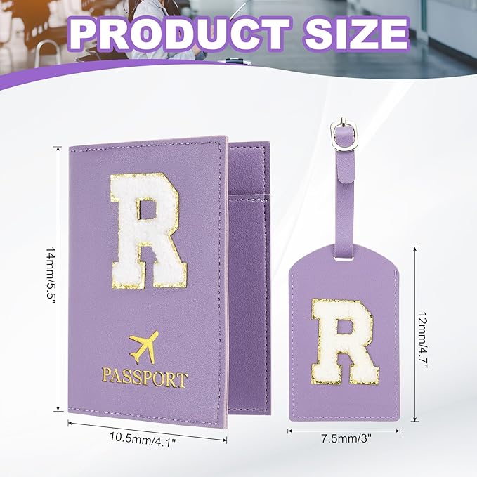 PATIKIL Passport Holder for Travel, Initial Passport Cover and Luggage Tag Set with Alphabet Chenille Letter Patch Travel Wallet Bag Suitcase Identifier for Women Family Travel Purple R