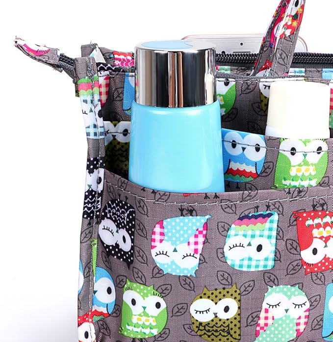 BTSKY Printing Handbag Organizers Inside Purse Insert - High Capacity 13 Pockets Bag Tote Organizer with Handle (Owl)