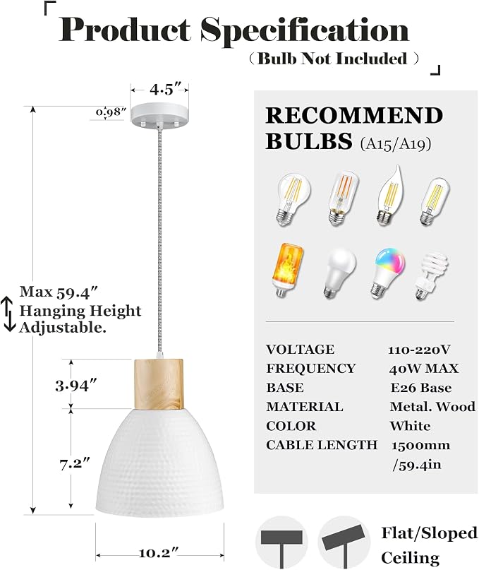 ELYONA 2 Pack Hammered Pendant Light Fixtures, 10.2” Metal & Rubber Wood Island Hanging Lamp, Adjustable Height, Modern Pendant Lighting for Kitchen,Farmhouse Bar,Dining Room,Bedroom, Nordic White