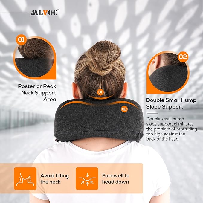 MLVOC Neck Pillow for Traveling, Upgraded 100% Pure Memory Foam Travel Neck Pillow for Airplane Flight Sleep, Breathable & Machine Washable Cover, Travel Kit with 3D Eye Mask, Earplugs & Bag, Black