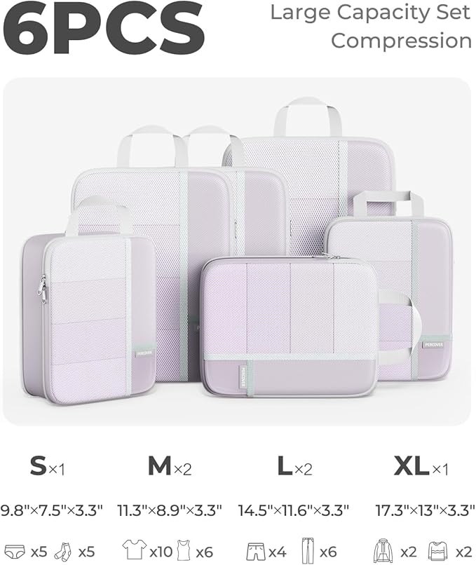 Percover Compression Packing Cubes 6-Piece Set, Packing Cubes Compression for Travel with Multi-Size Organization, Travel Organizer for Carry On & Checked Luggage, Purple