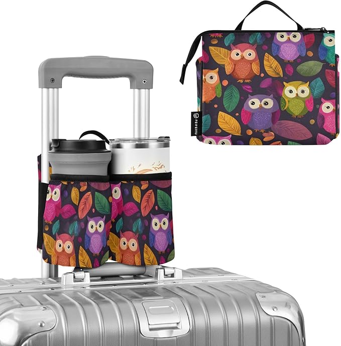 Luggage Cup Holder for Suitcases Free Hands Travel Cup Holder Portable Suitcase Cup Drink Holder Luggage Cup Caddy Bag Carrier Black Owl and Leaves