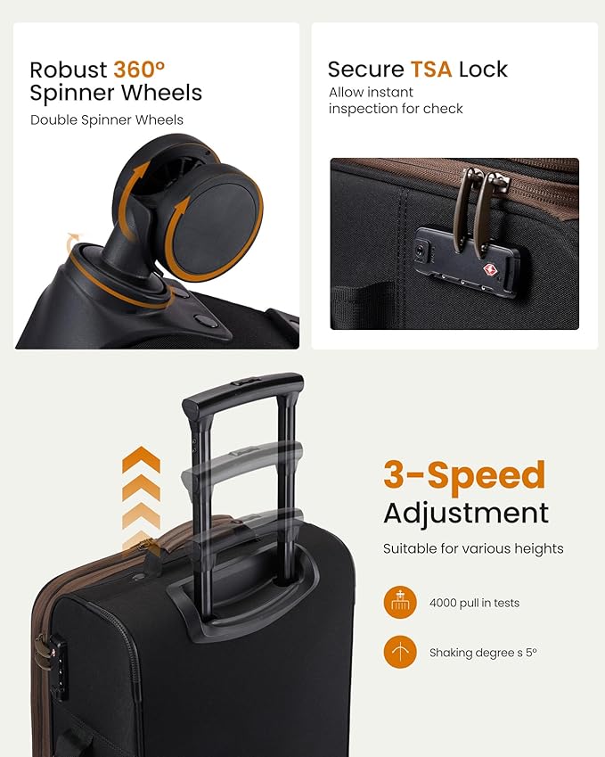 LOVEVOOK Carry On Luggage 22x14x9 Airline Approved,20 Inch Suitcases with Spinner Wheels,Softside Carry-on Suitcase with TSA Lock for Men Women Business Trip Weekender Travel,Navy blue&brown