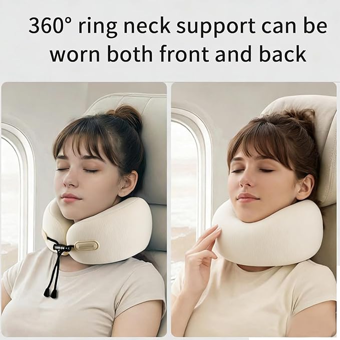 Travel Neck Pillow with Storage Case, 100% Pure Memory Foam, Airplane Head Support for Flight Sleeping, Portable, Beige