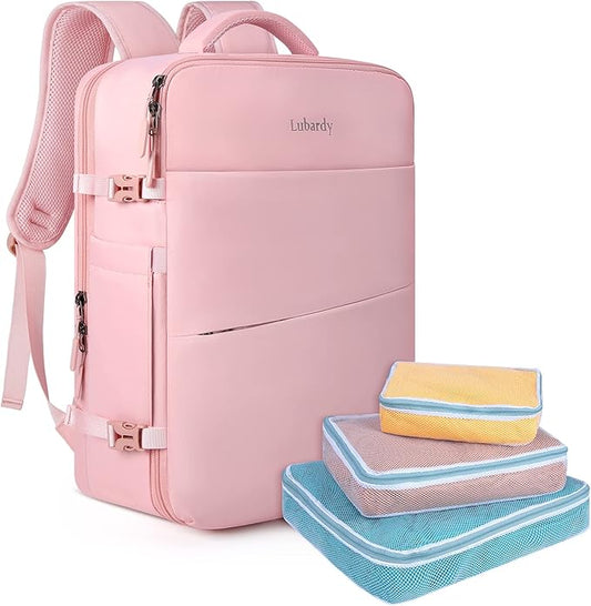 Lubardy Travel Backpack for Men Women 17 Inch Flight Approved Carry on Backpack Waterproof Large 40L Luggage Daypack Business College Weekender Overnight Laptop Backpack with 3 Packing Cubes, Pink