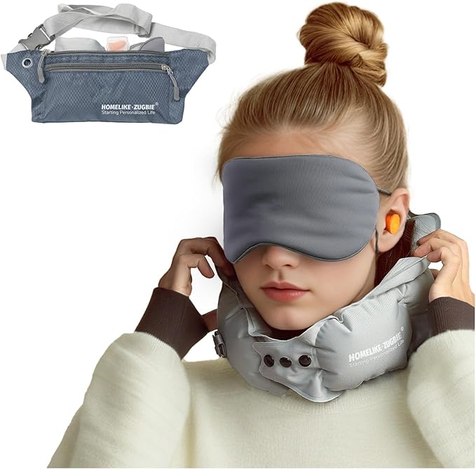 Inflatable Travel Pillow for Airplane, Inflatable Neck Pillow Airplane for Travel Office Nap Neck Support, Buy 1 Get 3 Professional Grey Sleeping Eye Mask and Highly Silent