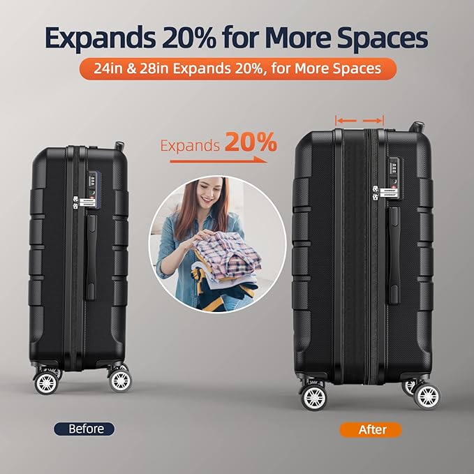 SHOWKOO Luggage Sets Expandable 100% PC Durable Suitcase Double Wheels TSA Lock Black