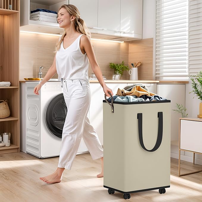 Laundry Basket with Wheels, Collapsible Laundry Baskets, Laundry Hamper with Handles Detachable Wheels, Rolling Laundry Basket, Dirty Clothes Hamper for Bathroom, Dorm, Bedroom, Beige, 100L