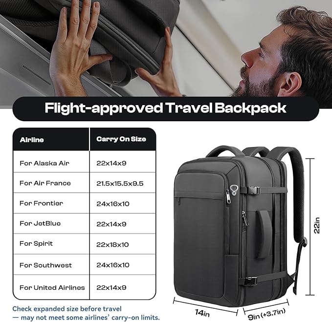 Carry on Backpack, Extra Large 55L Travel Backpack TSA Approved, Expandable Laptop Bagpack with durability, Water Resistant Bag Compatible with 18.4 inch Laptops, Black