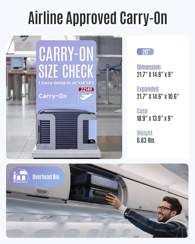 LIGHT FLIGHT Carry On Luggage 22x14x9 Airline Approved, Durable Hard Shell Carry On Suitcases with Wheels, Expandable Hardside Lightweight Travel Luggage with TSA Lock 20 Inch Carry on, Dark Blue