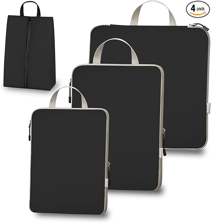 Compression Packing Cubes for Travel, Set of 4 Expandable Luggage Organizers with Shoe Bag, Lightweight Water-Resistant Suitcase Essentials for Carry-on & Checked Luggage, Black