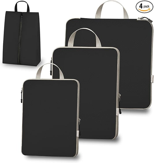 Compression Packing Cubes for Travel, Set of 4 Expandable Luggage Organizers with Shoe Bag, Lightweight Water-Resistant Suitcase Essentials for Carry-on & Checked Luggage, Black